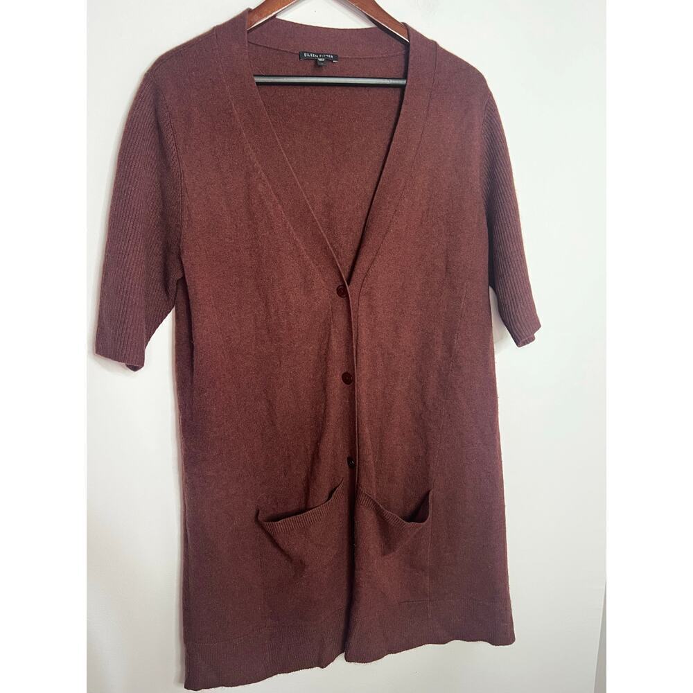 Eileen Fisher Sweater XL 100% Cashmere Cardigan Longline Short Sleeve Wine Red